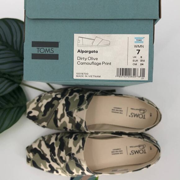 Toms Dirty Olive Green Black Tan Camouflage Canvas Slip On Alpargata Loafer Shoe - Picture 2 of 7